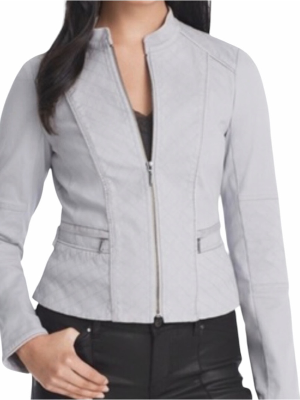 White House Black Market Light Gray Quilted Zip-Front moto Jacket